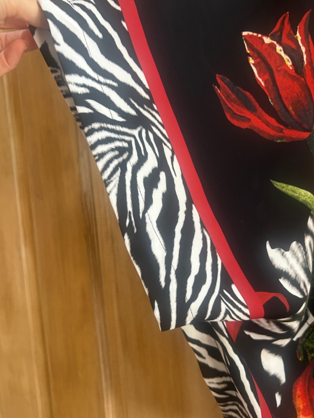 Chico's Black Floral Poncho with Red & Green Accents and Zebra Trim NWT S/M - Picture 6 of 8